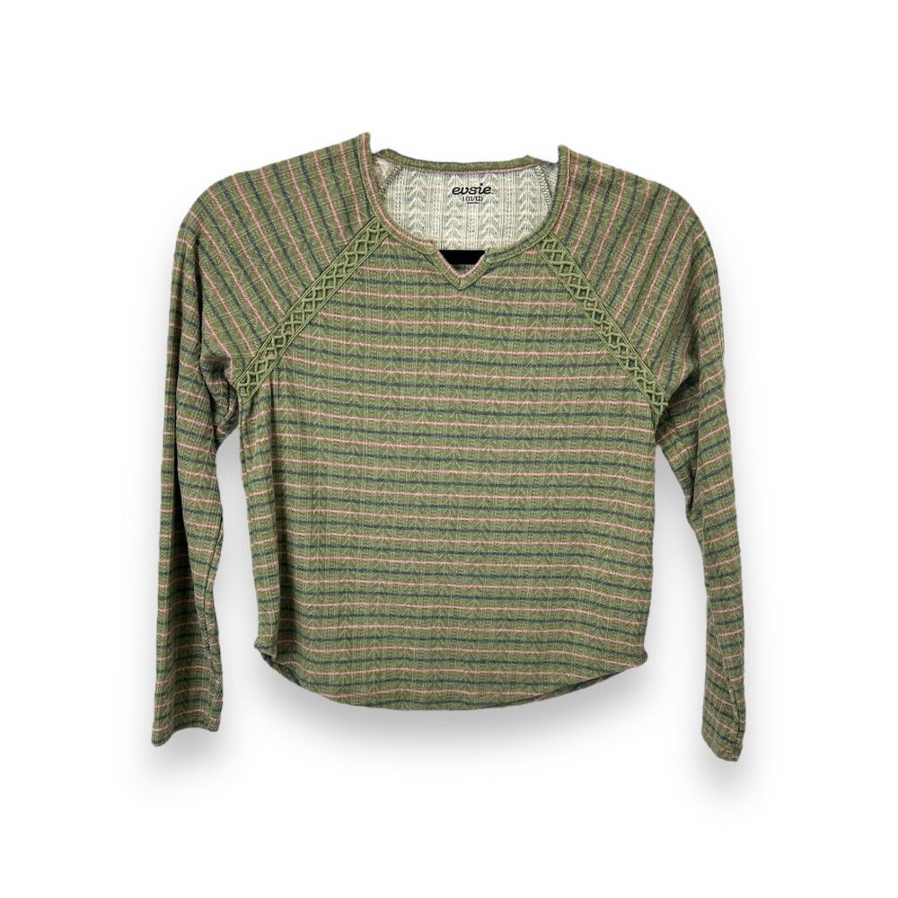 Evsie Girls Long Sleeve Striped Top Size L 11/12 Green & Pink Polyester/Rayon/Sp
